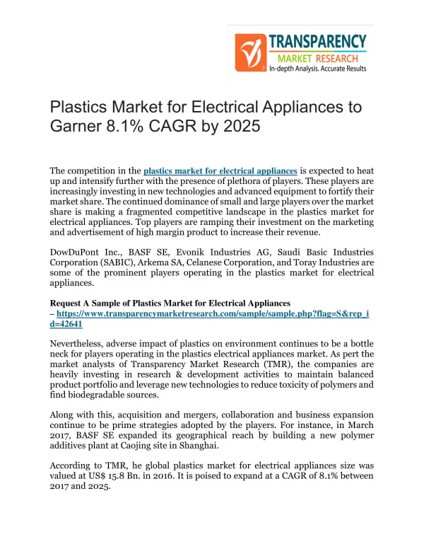 Plastics Market for Electrical Appliances to Garner 8.1% CAGR by 2025