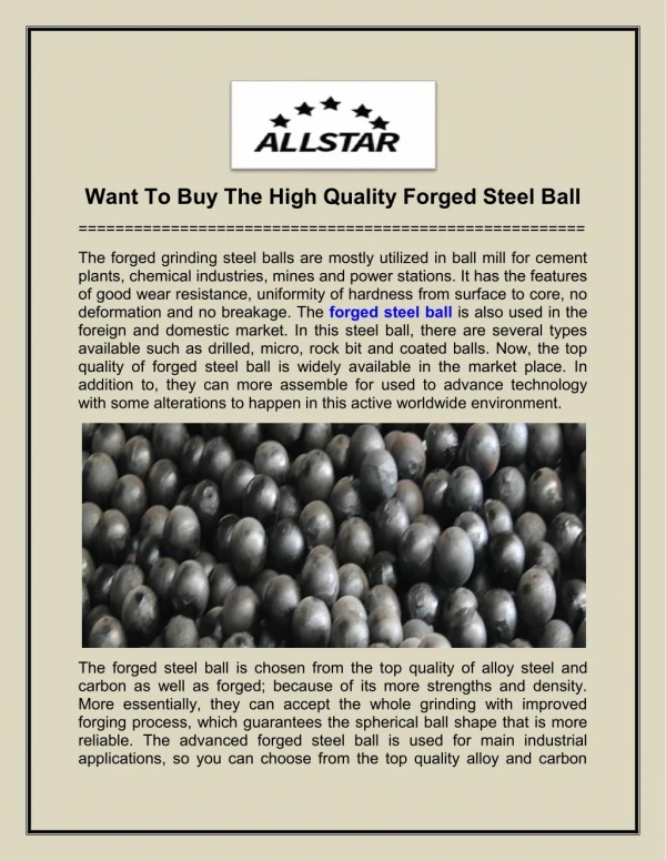 Want To Buy The High Quality Forged Steel Ball