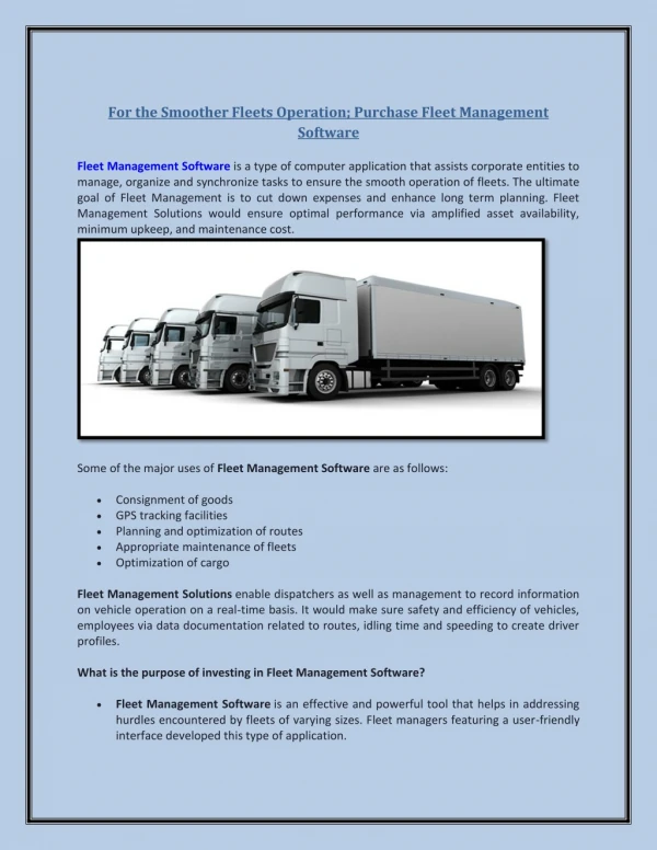 For the Smoother Fleets Operation; Purchase Fleet Management Software