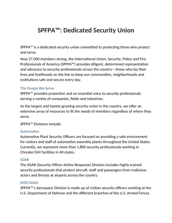 SPFPA™ Dedicated Security Union