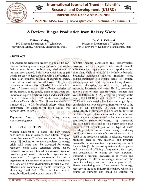 A Review Biogas Production from Bakery Waste
