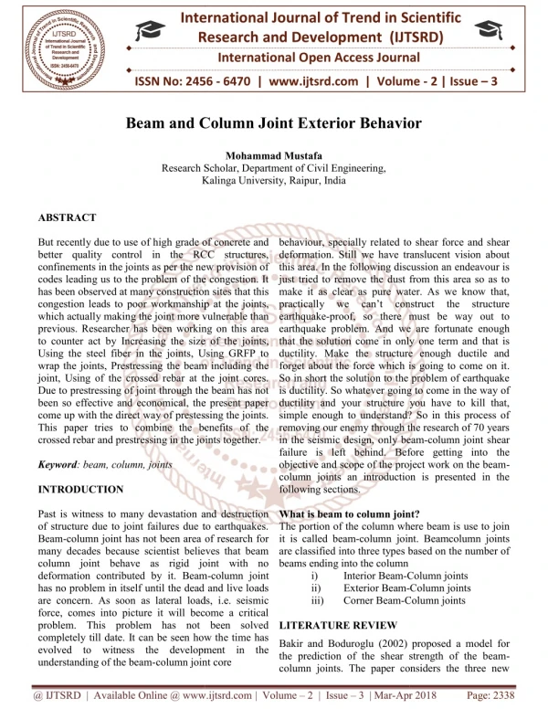 Beam and Column Joint Exterior Behavior