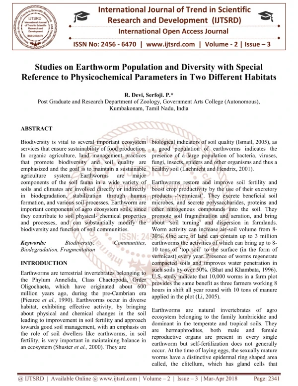 Studies on Earthworm Population and Diversity with Special Reference to Physicochemical Parameters in Two Different Habi