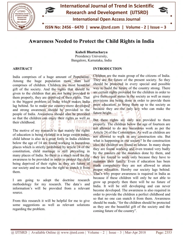 Awareness Needed to Protect the Child Rights in India