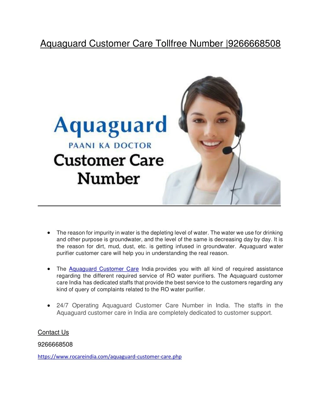 aquaguard customer care tollfree number 9266668508