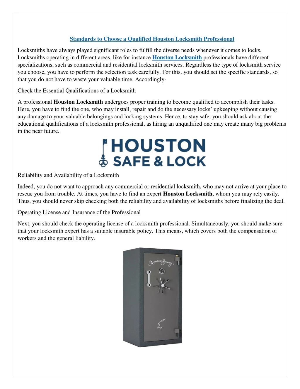 standards to choose a qualified houston locksmith