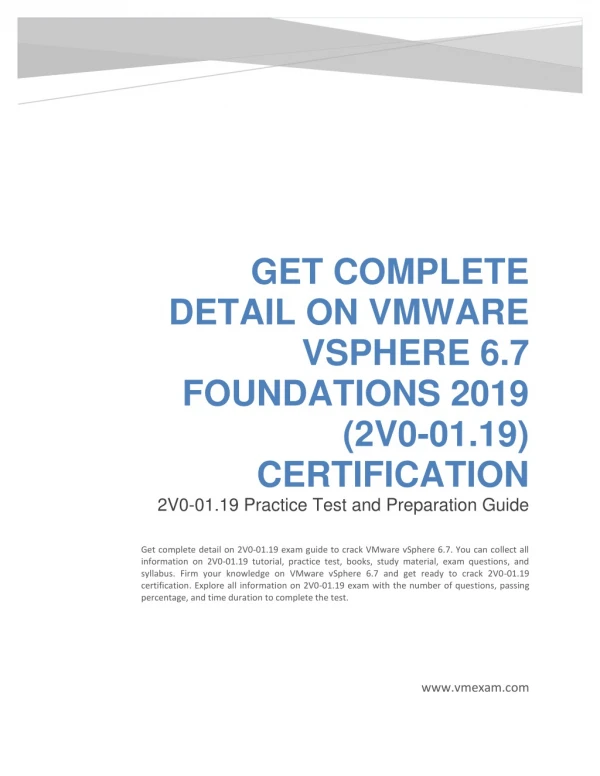 Get Complete Detail on 2V0-01.19 VMware vSphere 6.7 Foundations 2019 Certification