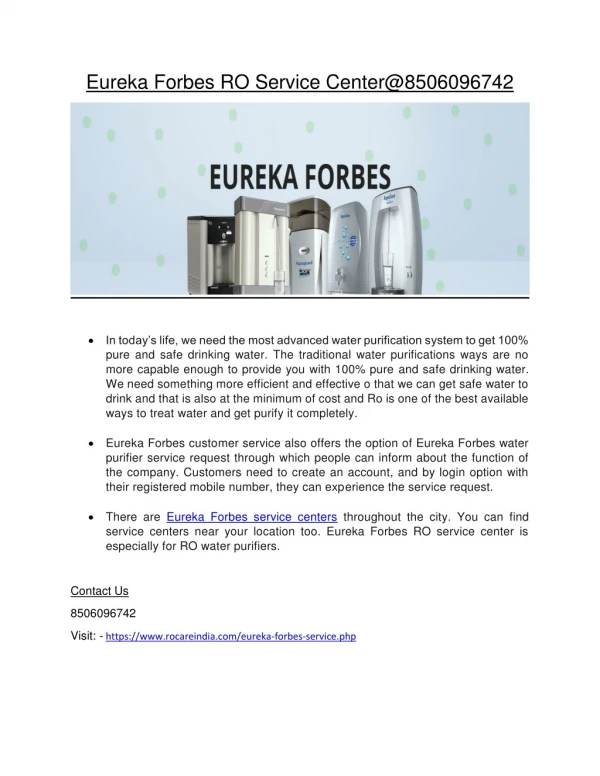 Eureka Forbes Water Purifier Customer Service