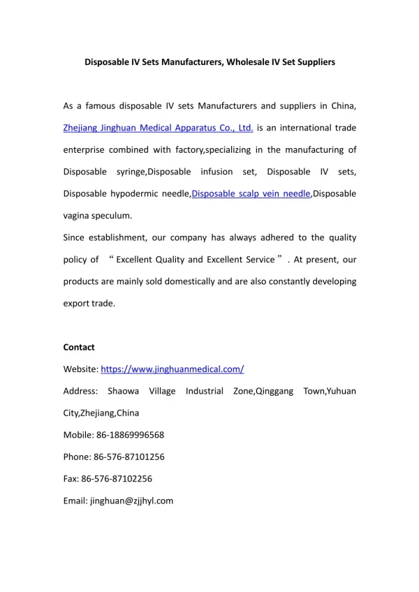 Zhejiang Jinghuan Medical Apparatus Co., Ltd.