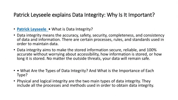 Patrick Leyseele explains Data Integrity