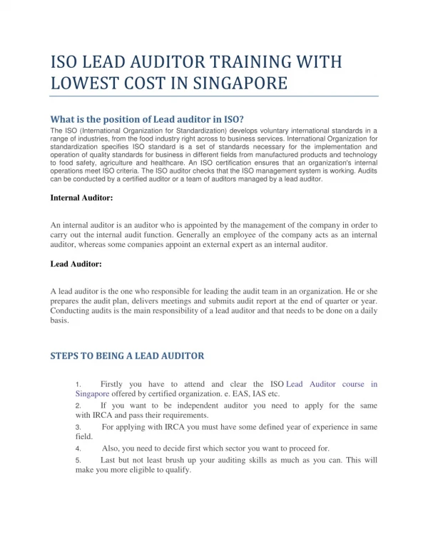 ISO LEAD AUDITOR TRAINING WITH LOWEST COST IN SINGAPORE | ISO LEAD AUDITOR COURSE