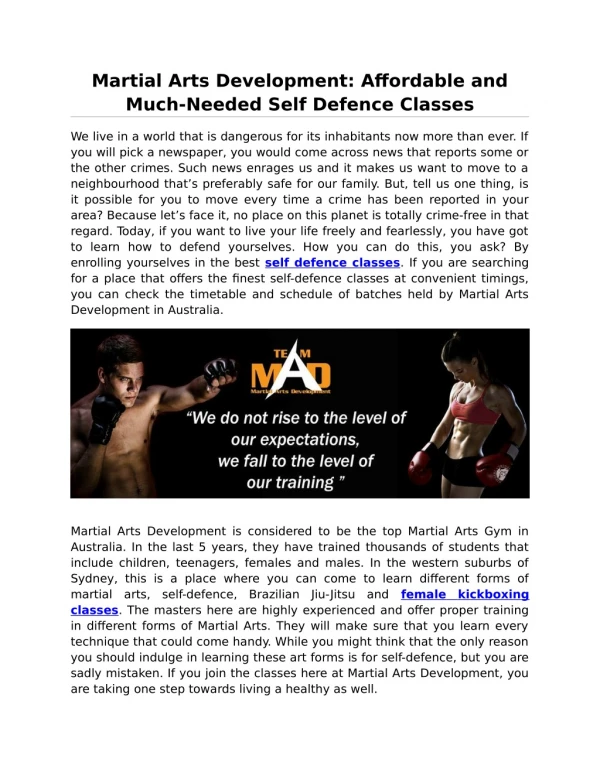Martial Arts Development: Affordable and Much-Needed Self Defence Classes