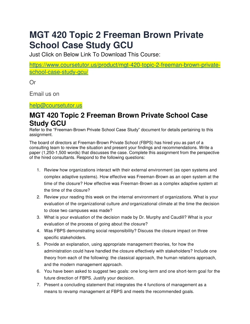 mgt 420 topic 2 freeman brown private school case