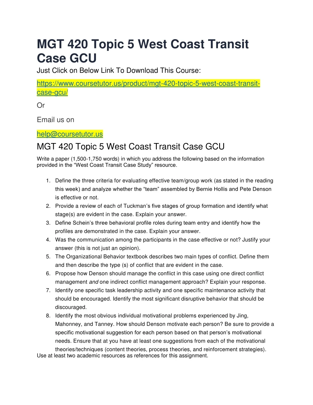 mgt 420 topic 5 west coast transit case gcu just