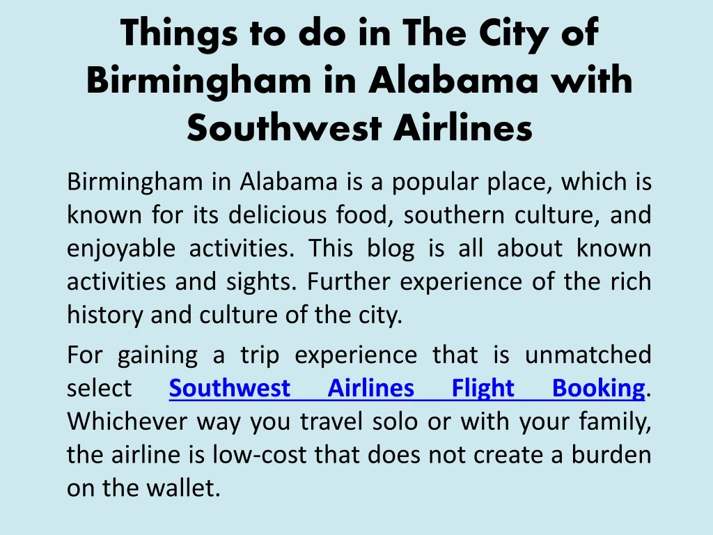 things to do in the city of birmingham in alabama with southwest airlines