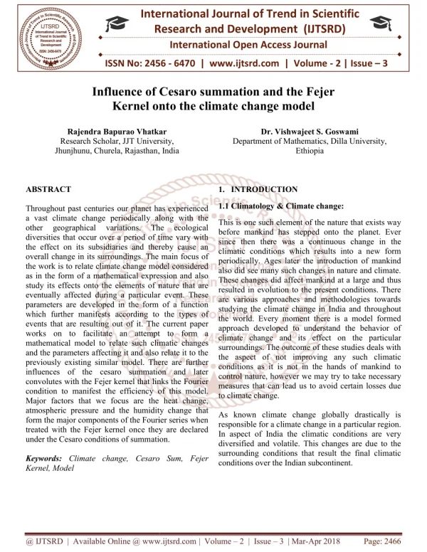 Influence of Cesaro summation and the Fejer Kernel onto the climate change model