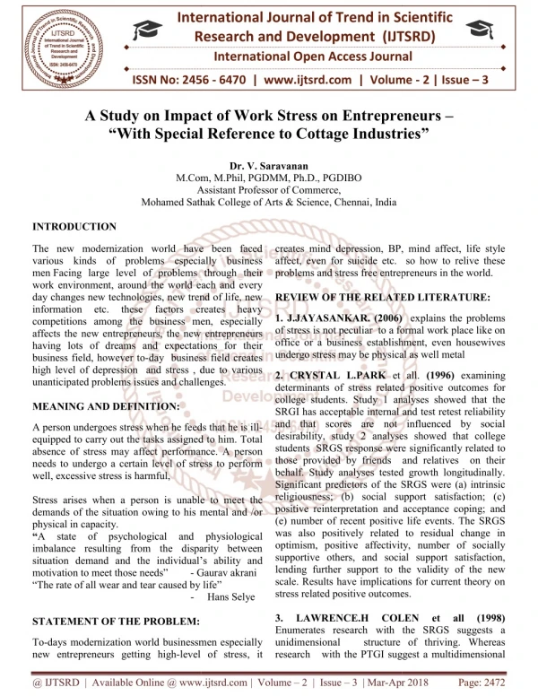 A Study on Impact of Work Stress on Entrepreneurs - "With Special Reference to Cottage Industries