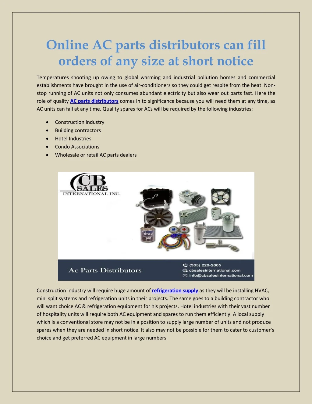 online ac parts distributors can fill orders