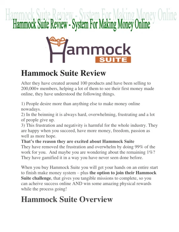 Hammock Suite Review - System For Making Money Online