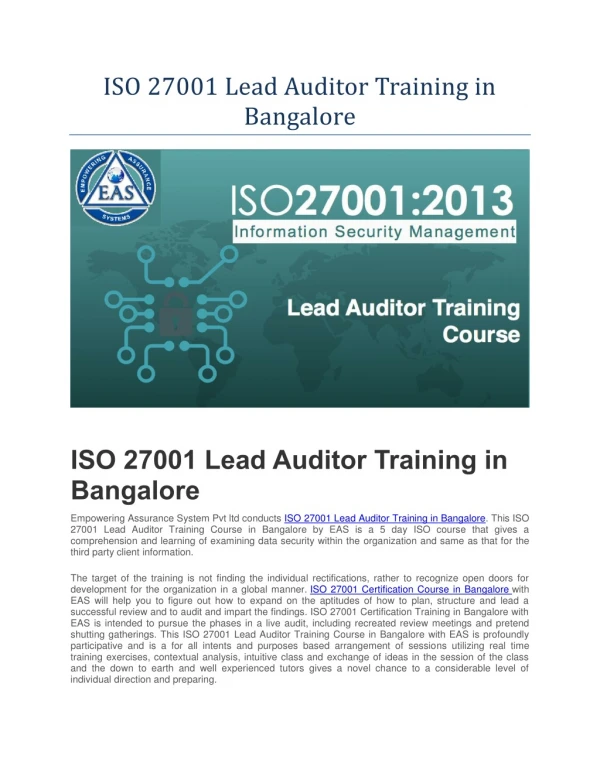ISO 27001 Course in Bangalore | ISO 27001 Training in Bangalore | ISO 27001 Lead Auditor Training in Bangalore