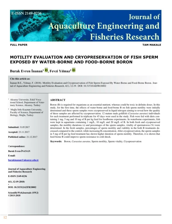 Motility evaluation and cryopreservation of fish sperm exposed by water-borne and food-borne boron