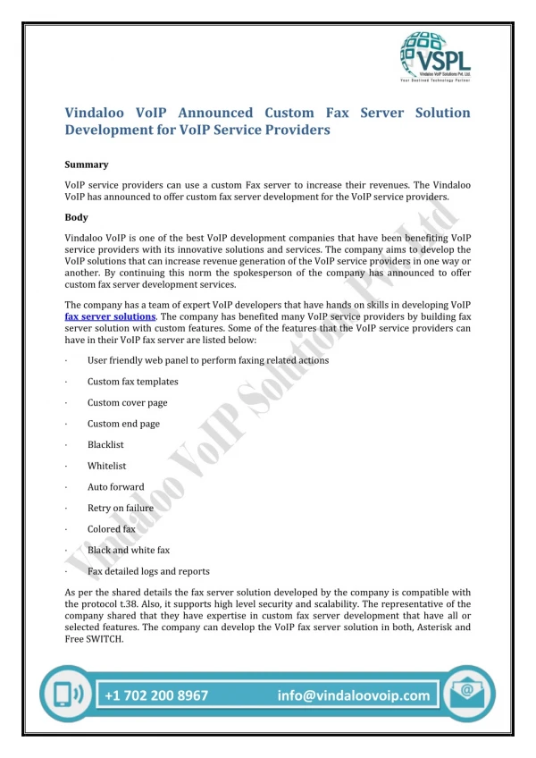 vindaloo voip announced custom fax server