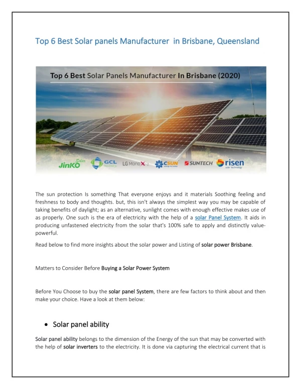 Top 6 Best Solar panels Manufacturer  in Brisbane, Queensland