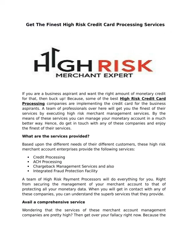 Get The Finest High Risk Credit Card Processing Services
