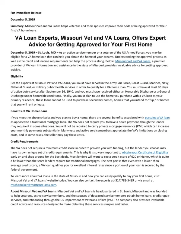 VA Loan Experts, Missouri Vet and VA Loans, Offers Expert Advice for Getting Approved for Your First Home