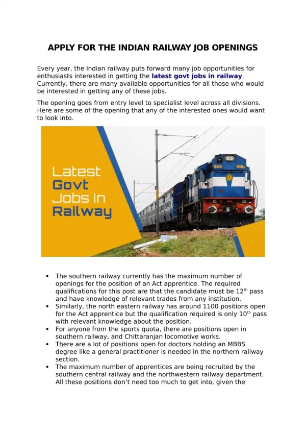 Apply For The Indian Railway Job Openings