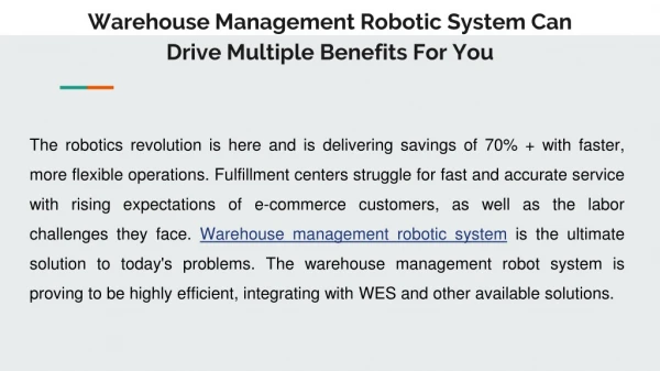 Warehouse Management Robotic System Can Drive Multiple Benefits For You