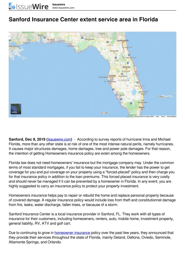 Sanford Insurance Center extent service area in Florida [Press Realese]