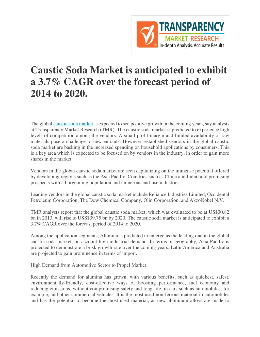 caustic soda market is anticipated to exhibit