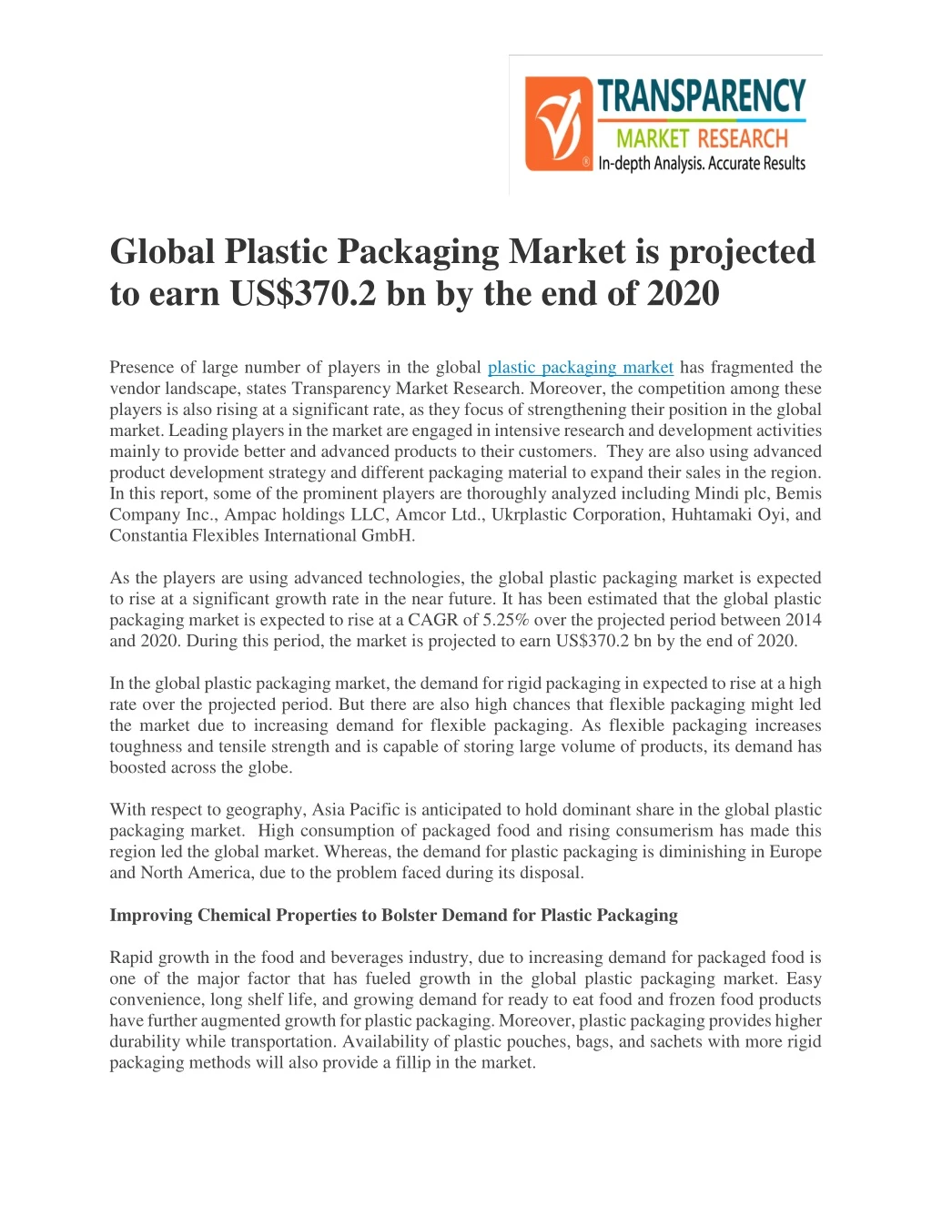 global plastic packaging market is projected