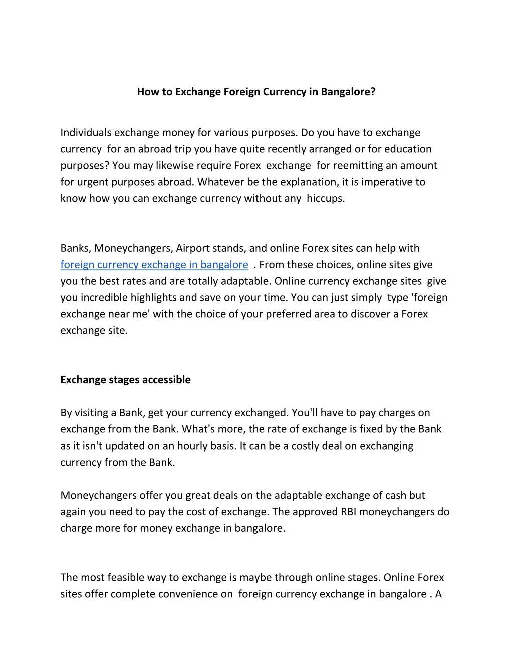 how to exchange foreign currency in bangalore