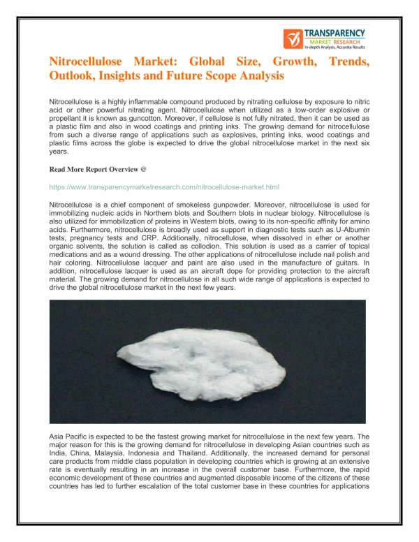 Nitrocellulose Market : Global Size, Growth, Trends, Outlook, Insights and Future Scope Analysis