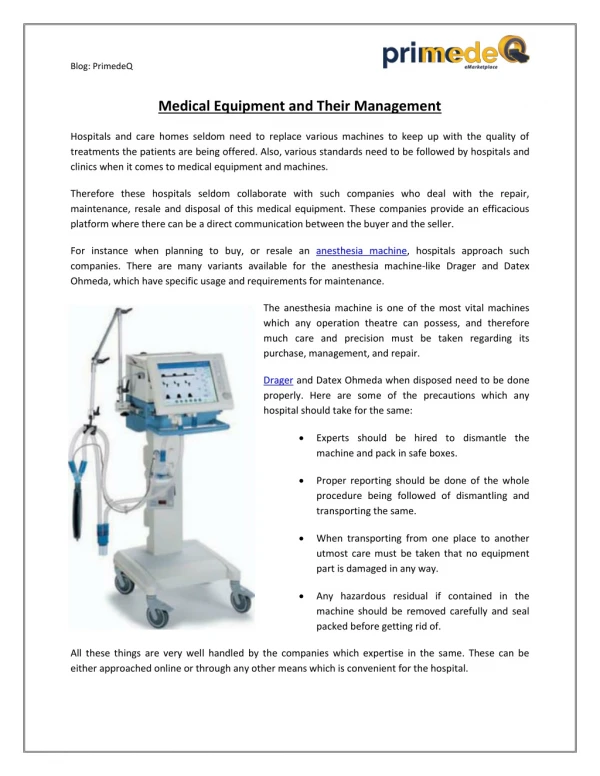 Medical Equipment and Their Management
