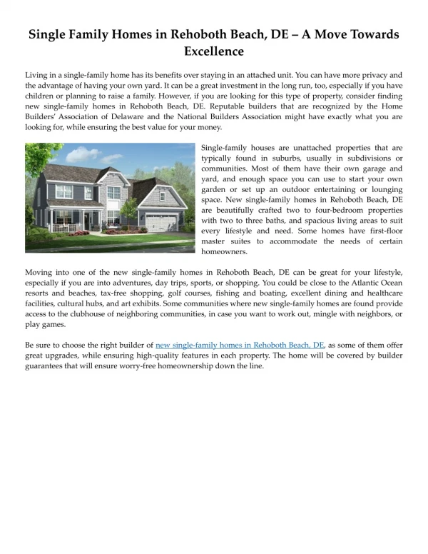 Single Family Homes in Rehoboth Beach, DE – A Move Towards Excellence