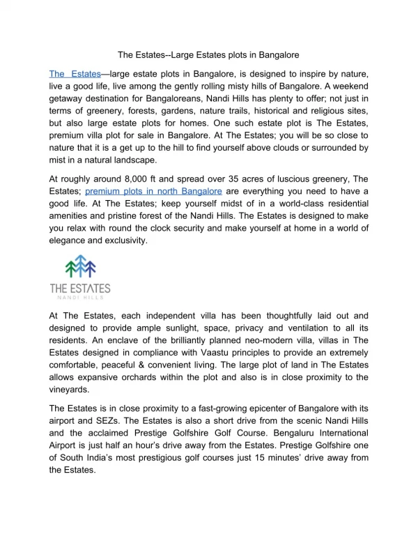 The Estates--Large Estates plots in Bangalore