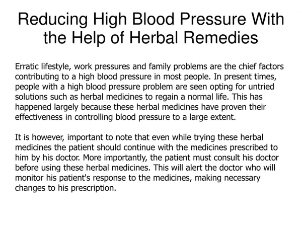 Reducing High Blood Pressure With the Help of Herbal Remedies