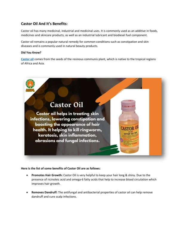 Castor Oil And It's Benefits