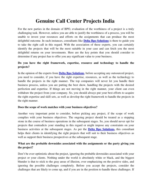 genuine call center projects india