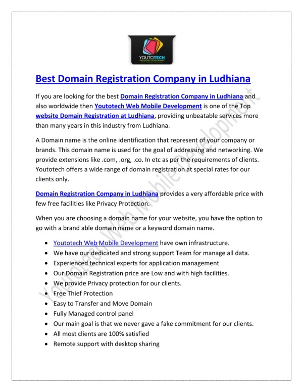 Best Domain Registration Company in Ludhiana - Youtotech Web Mobile Development