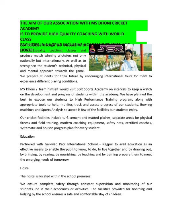 Residential Cricket Academy With School