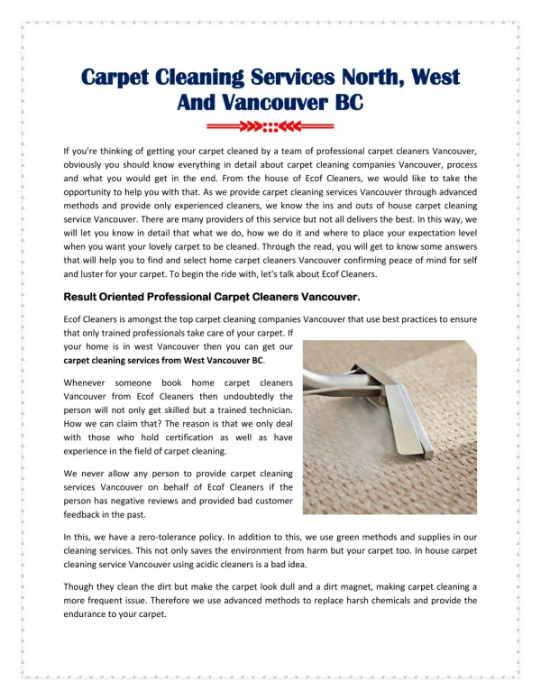Carpet Cleaning Services North, West And Vancouver BC