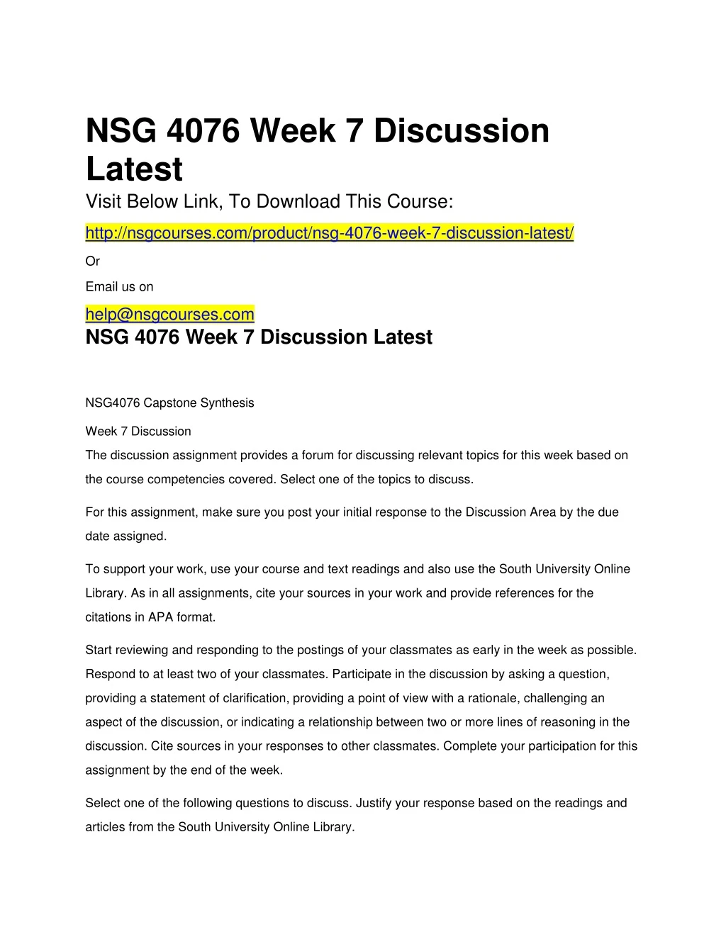 nsg 4076 week 7 discussion latest visit below