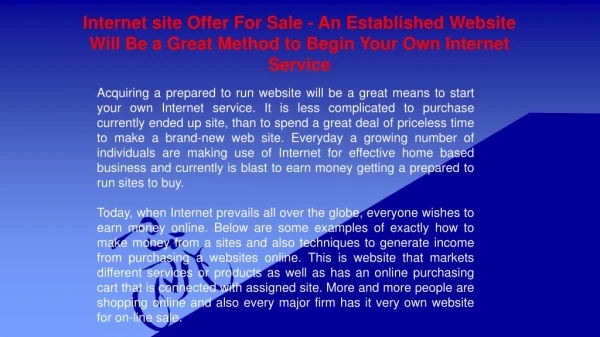 Internet site Offer For Sale - An Established Website Will Be a Great Method to Begin Your Own Internet Service