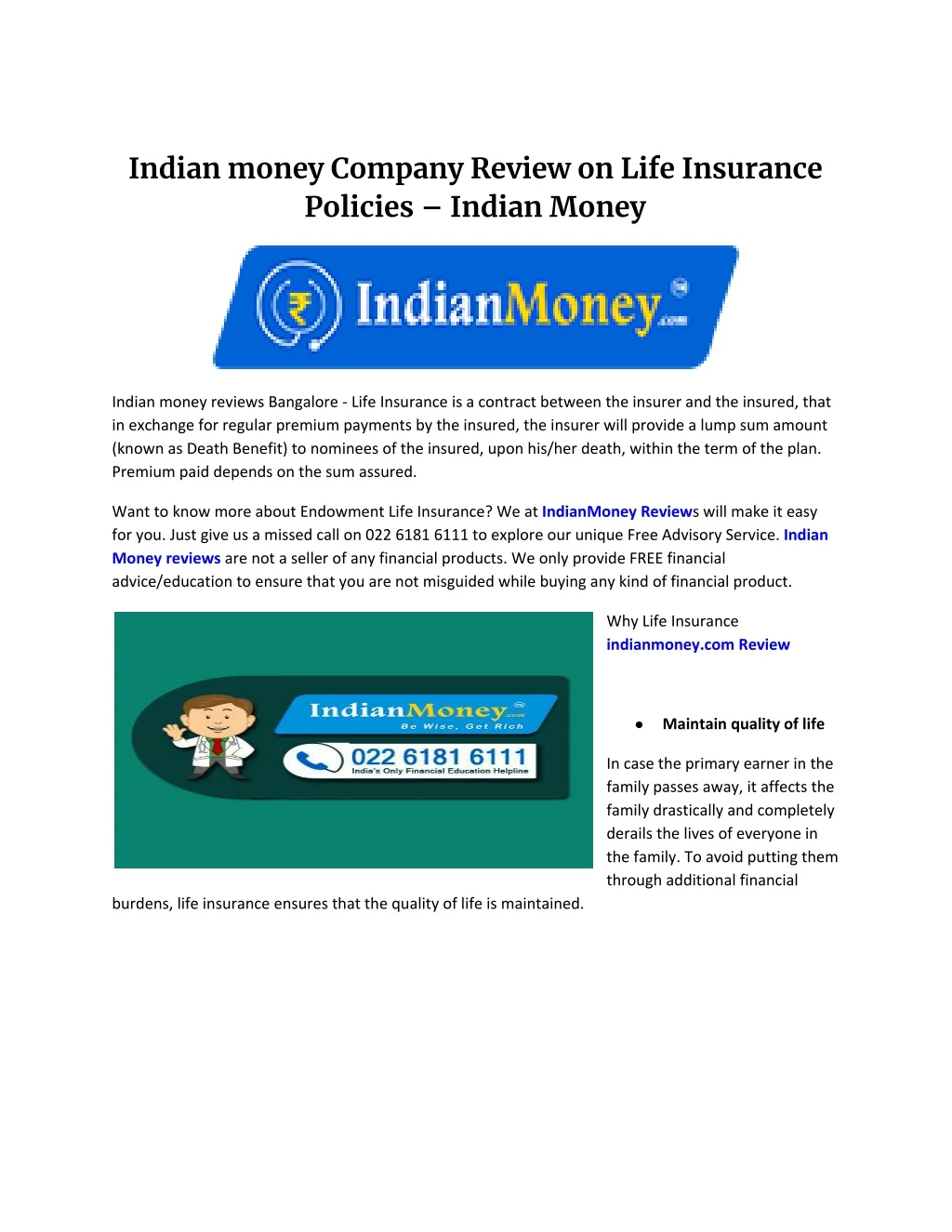 indian money company review on life insurance