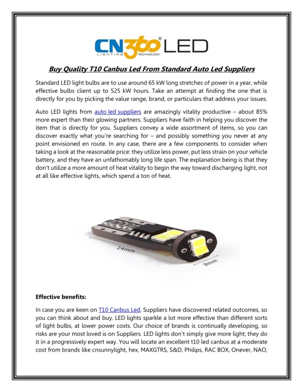 Buy Quality T10 Canbus Led From Standard Auto Led Suppliers