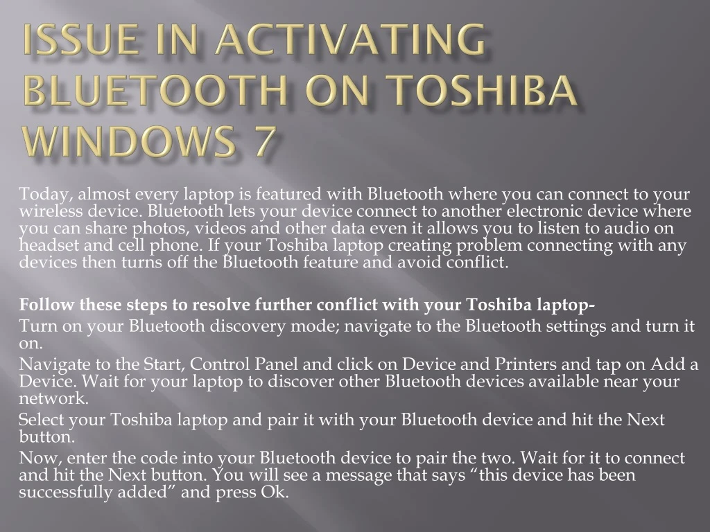 issue in activating bluetooth on toshiba windows 7